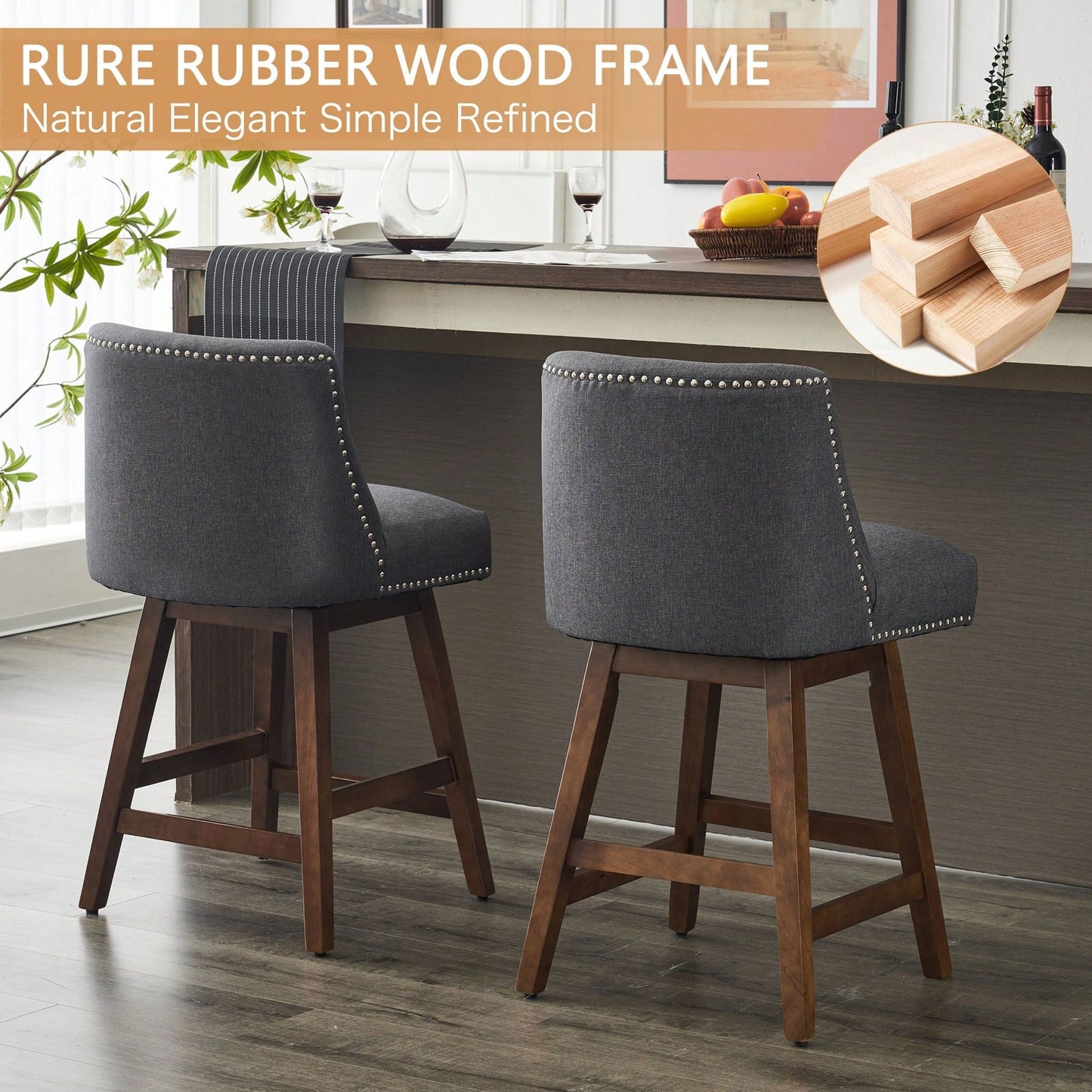 26" Upholstered Swivel Bar Stools Set Of 2, Modern Linen Fabric High Back Counter Stools With Nail Head Design And Wood Frame