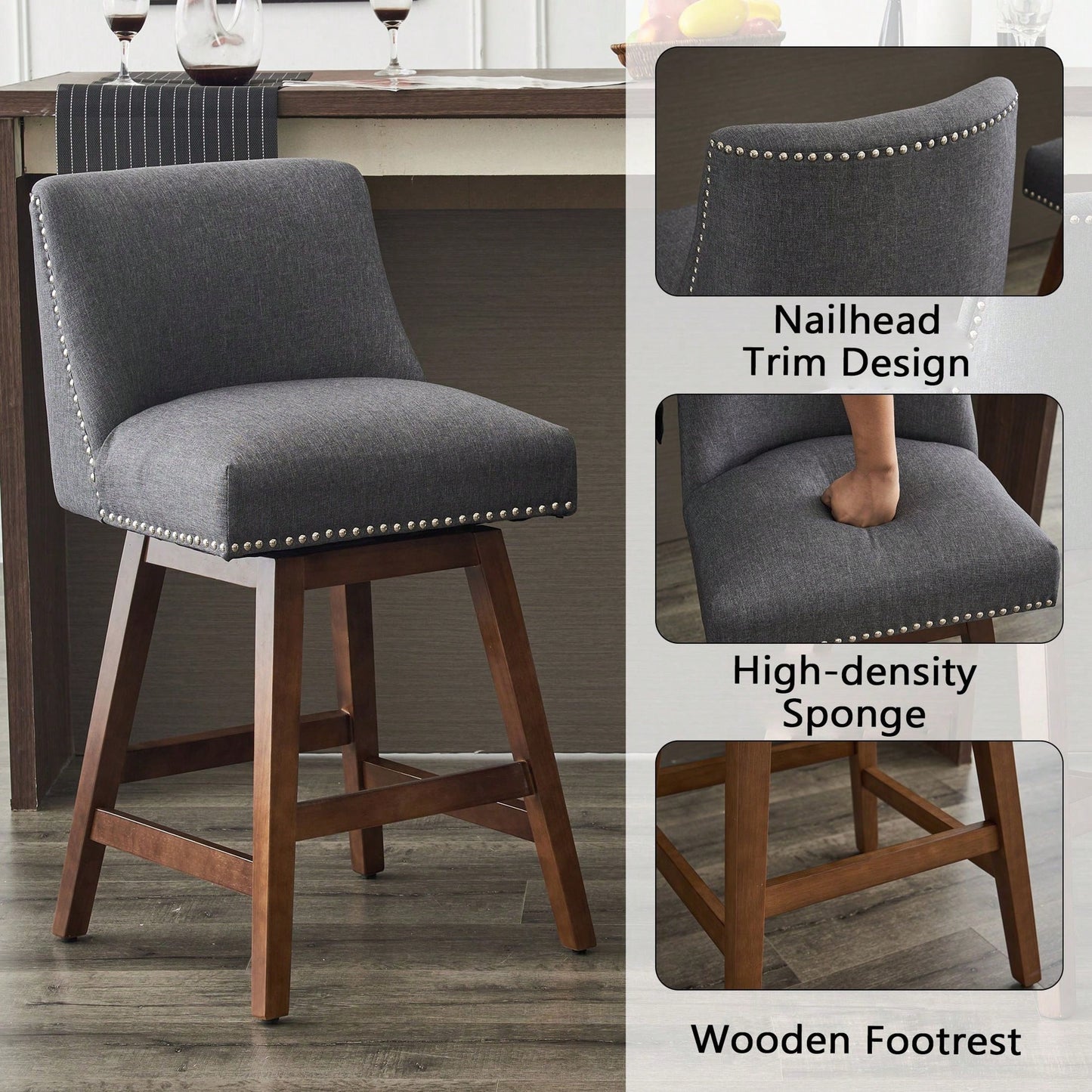 26" Upholstered Swivel Bar Stools Set Of 2, Modern Linen Fabric High Back Counter Stools With Nail Head Design And Wood Frame