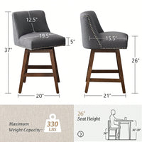 26" Upholstered Swivel Bar Stools Set Of 2, Modern Linen Fabric High Back Counter Stools With Nail Head Design And Wood Frame