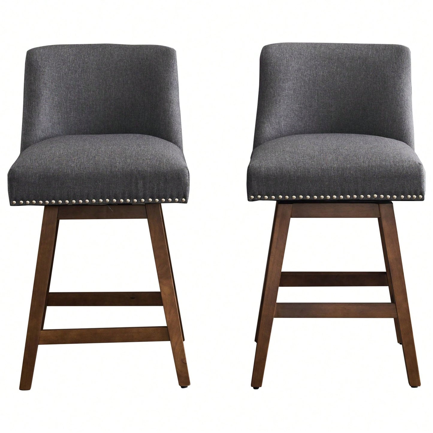 26" Upholstered Swivel Bar Stools Set Of 2, Modern Linen Fabric High Back Counter Stools With Nail Head Design And Wood Frame