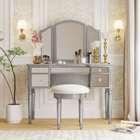 43" Dressing Table Set With Mirrored Drawers And Stool, Tri-Fold Mirror, Makeup Vanity Set For Bedroom