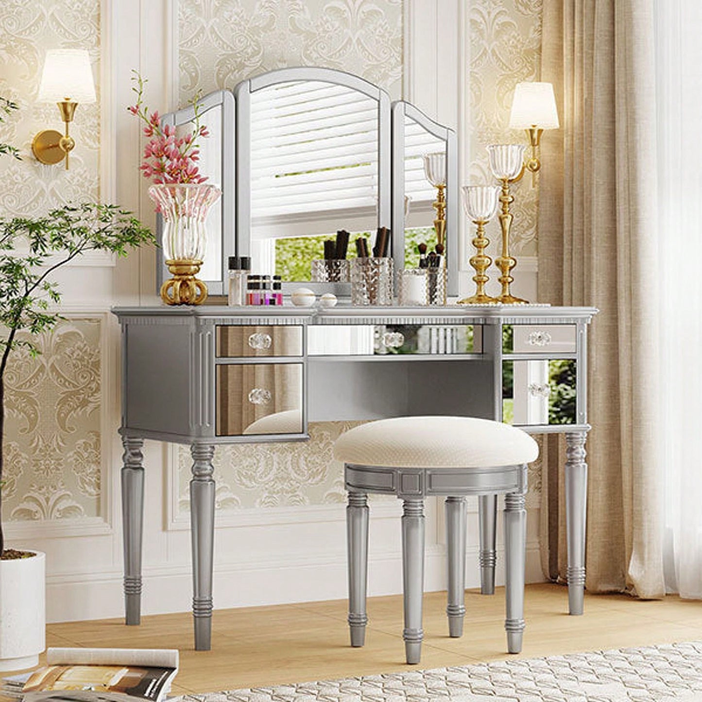 43" Dressing Table Set With Mirrored Drawers And Stool, Tri-Fold Mirror, Makeup Vanity Set For Bedroom