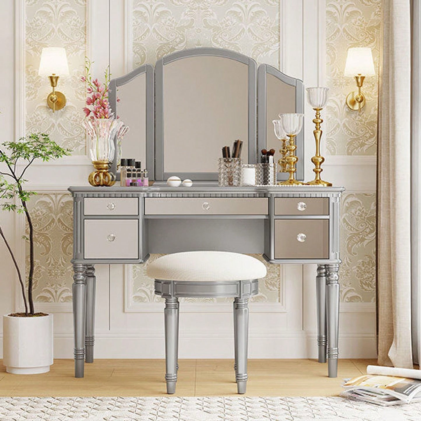 43" Dressing Table Set With Mirrored Drawers And Stool, Tri-Fold Mirror, Makeup Vanity Set For Bedroom