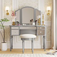 43" Dressing Table Set With Mirrored Drawers And Stool, Tri-Fold Mirror, Makeup Vanity Set For Bedroom