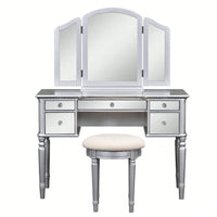 43" Dressing Table Set With Mirrored Drawers And Stool, Tri-Fold Mirror, Makeup Vanity Set For Bedroom