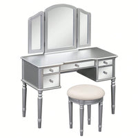 43" Dressing Table Set With Mirrored Drawers And Stool, Tri-Fold Mirror, Makeup Vanity Set For Bedroom