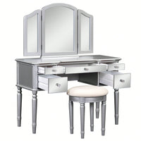 43" Dressing Table Set With Mirrored Drawers And Stool, Tri-Fold Mirror, Makeup Vanity Set For Bedroom