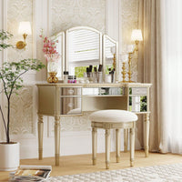 43" Dressing Table Set With Mirrored Drawers And Stool, Tri-Fold Mirror, Makeup Vanity Set For Bedroom