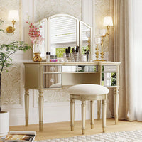 43" Dressing Table Set With Mirrored Drawers And Stool, Tri-Fold Mirror, Makeup Vanity Set For Bedroom