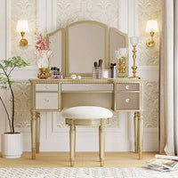 43" Dressing Table Set With Mirrored Drawers And Stool, Tri-Fold Mirror, Makeup Vanity Set For Bedroom