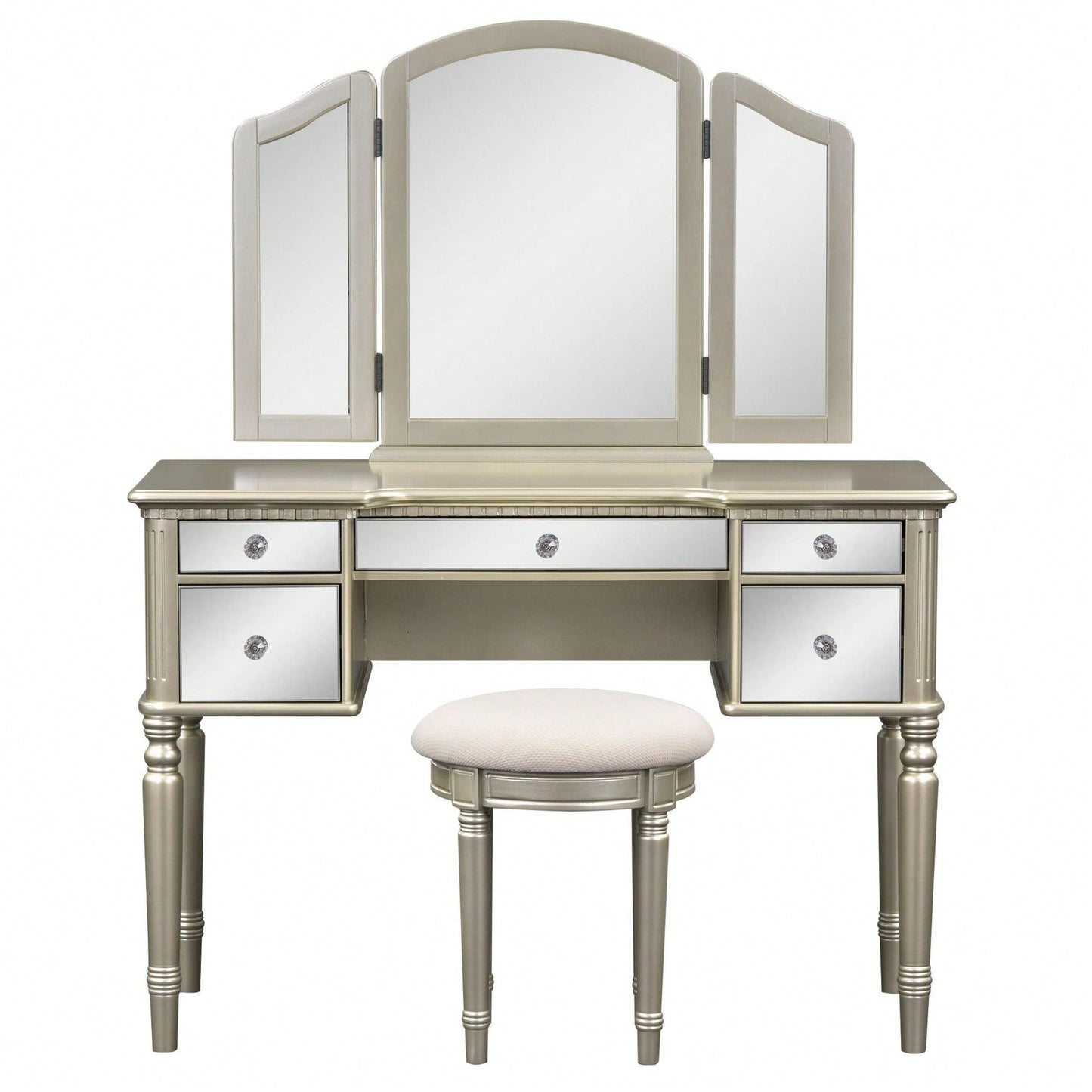 43" Dressing Table Set With Mirrored Drawers And Stool, Tri-Fold Mirror, Makeup Vanity Set For Bedroom