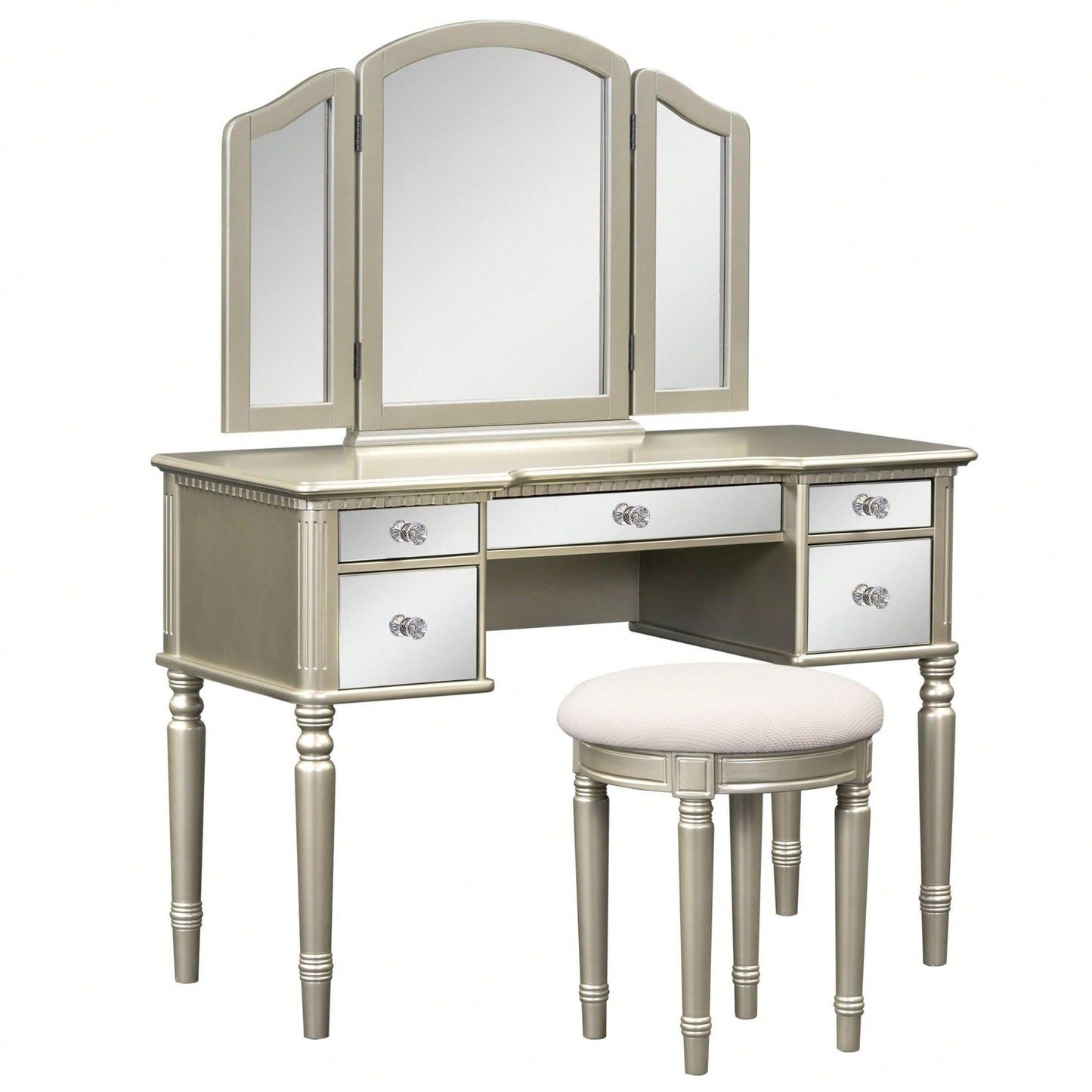 43" Dressing Table Set With Mirrored Drawers And Stool, Tri-Fold Mirror, Makeup Vanity Set For Bedroom