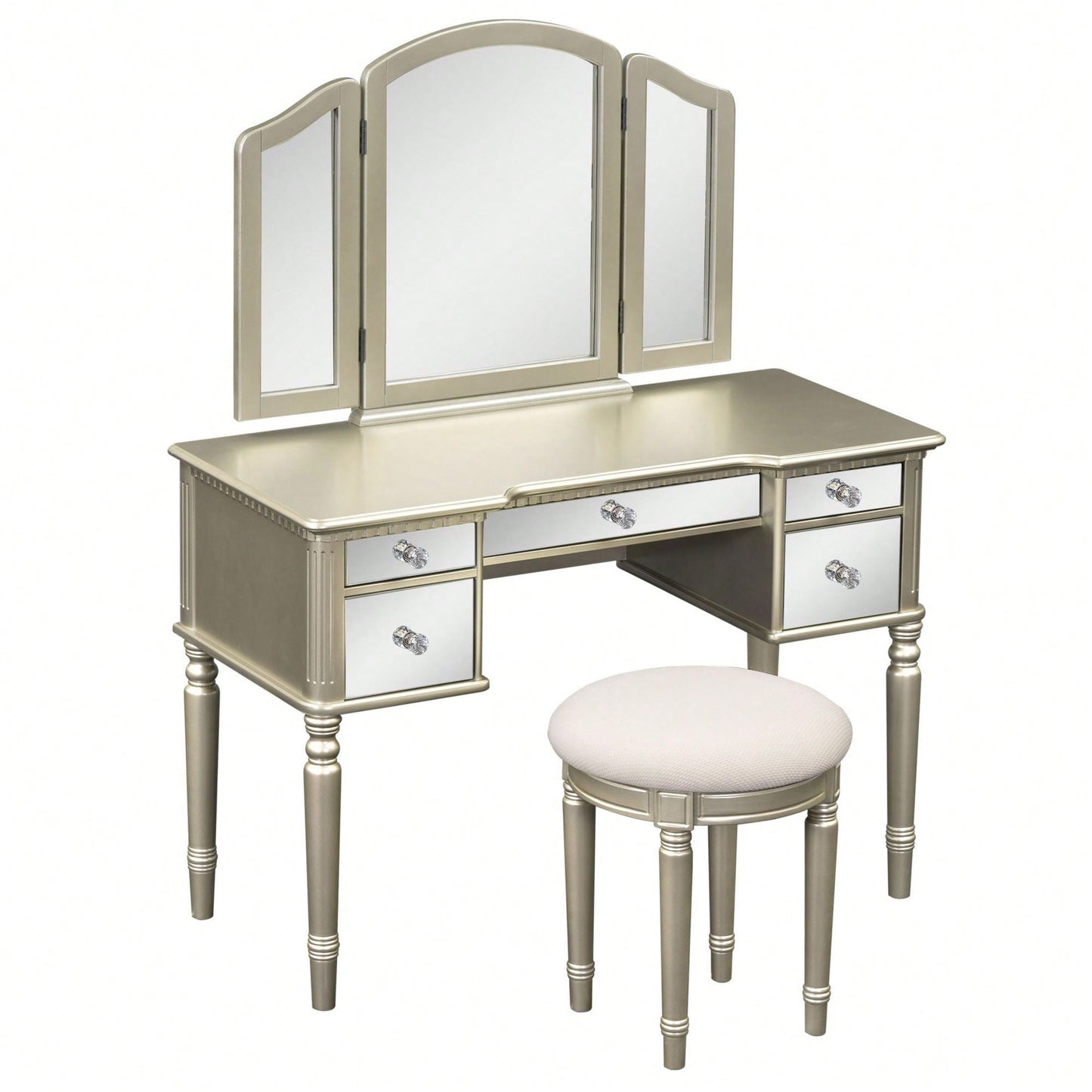 43" Dressing Table Set With Mirrored Drawers And Stool, Tri-Fold Mirror, Makeup Vanity Set For Bedroom