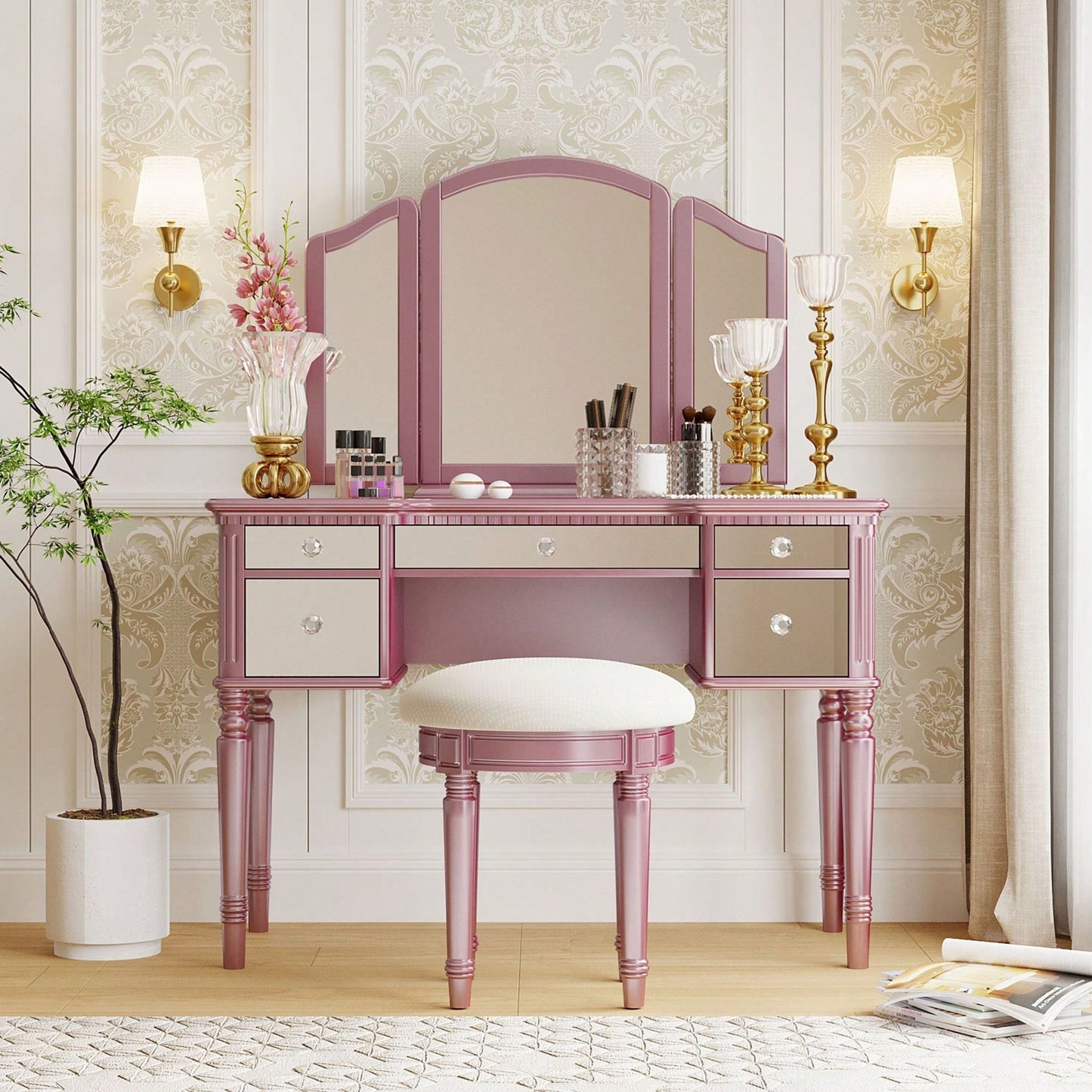 43" Dressing Table Set With Mirrored Drawers And Stool, Tri-Fold Mirror, Makeup Vanity Set For Bedroom