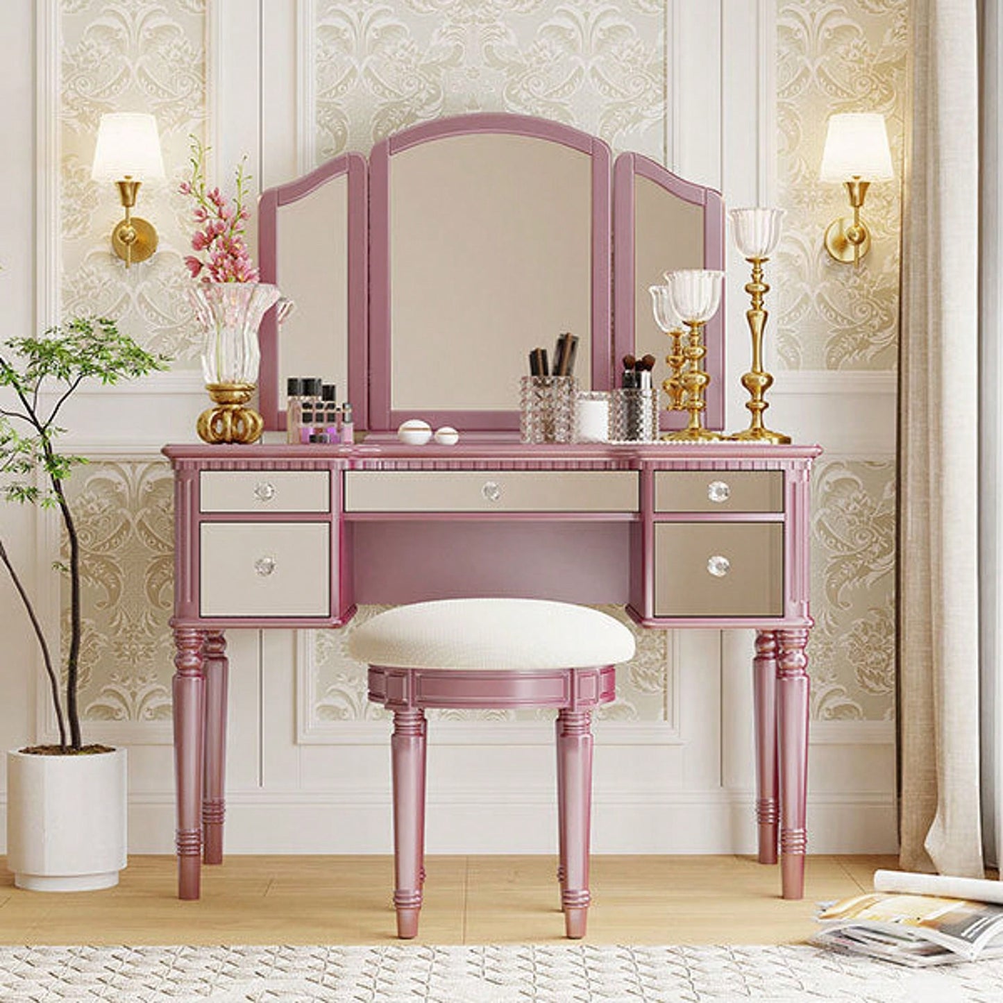 43" Dressing Table Set With Mirrored Drawers And Stool, Tri-Fold Mirror, Makeup Vanity Set For Bedroom