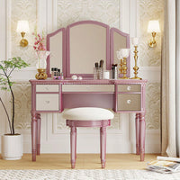 43" Dressing Table Set With Mirrored Drawers And Stool, Tri-Fold Mirror, Makeup Vanity Set For Bedroom