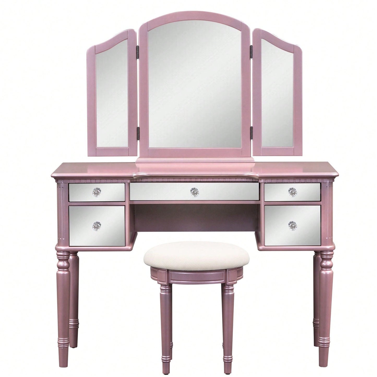 43" Dressing Table Set With Mirrored Drawers And Stool, Tri-Fold Mirror, Makeup Vanity Set For Bedroom