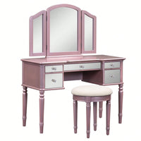 43" Dressing Table Set With Mirrored Drawers And Stool, Tri-Fold Mirror, Makeup Vanity Set For Bedroom