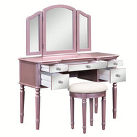 43" Dressing Table Set With Mirrored Drawers And Stool, Tri-Fold Mirror, Makeup Vanity Set For Bedroom