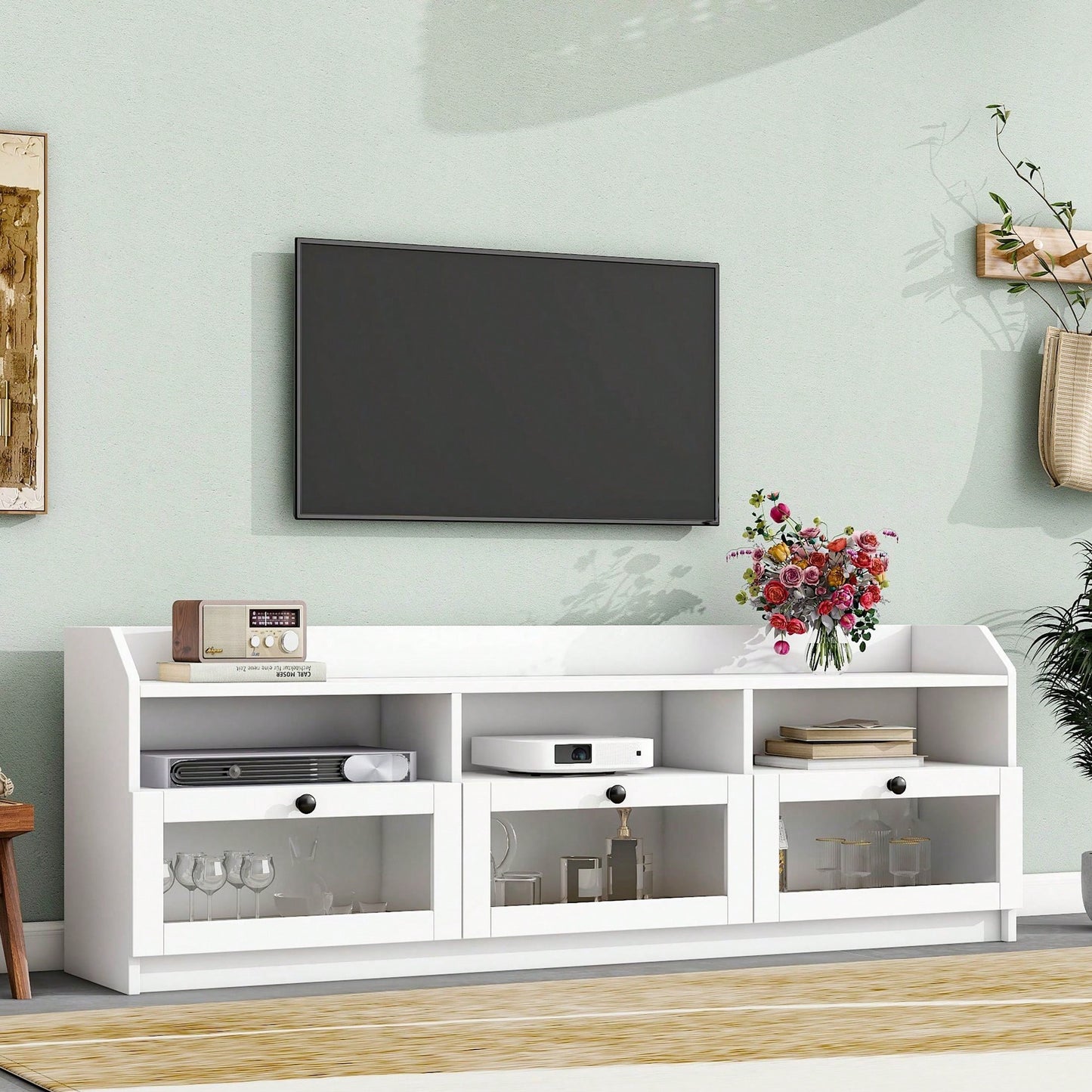 Sleek Modern Design TV Stand with Acrylic Door for TVs Up to 65 Inch Stylish Media Console Ample Storage Space Black Handles