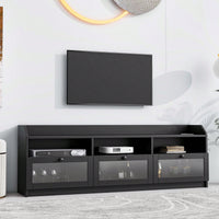 Sleek Modern Design TV Stand with Acrylic Door for TVs Up to 65 Inch Stylish Media Console Ample Storage Space Black Handles