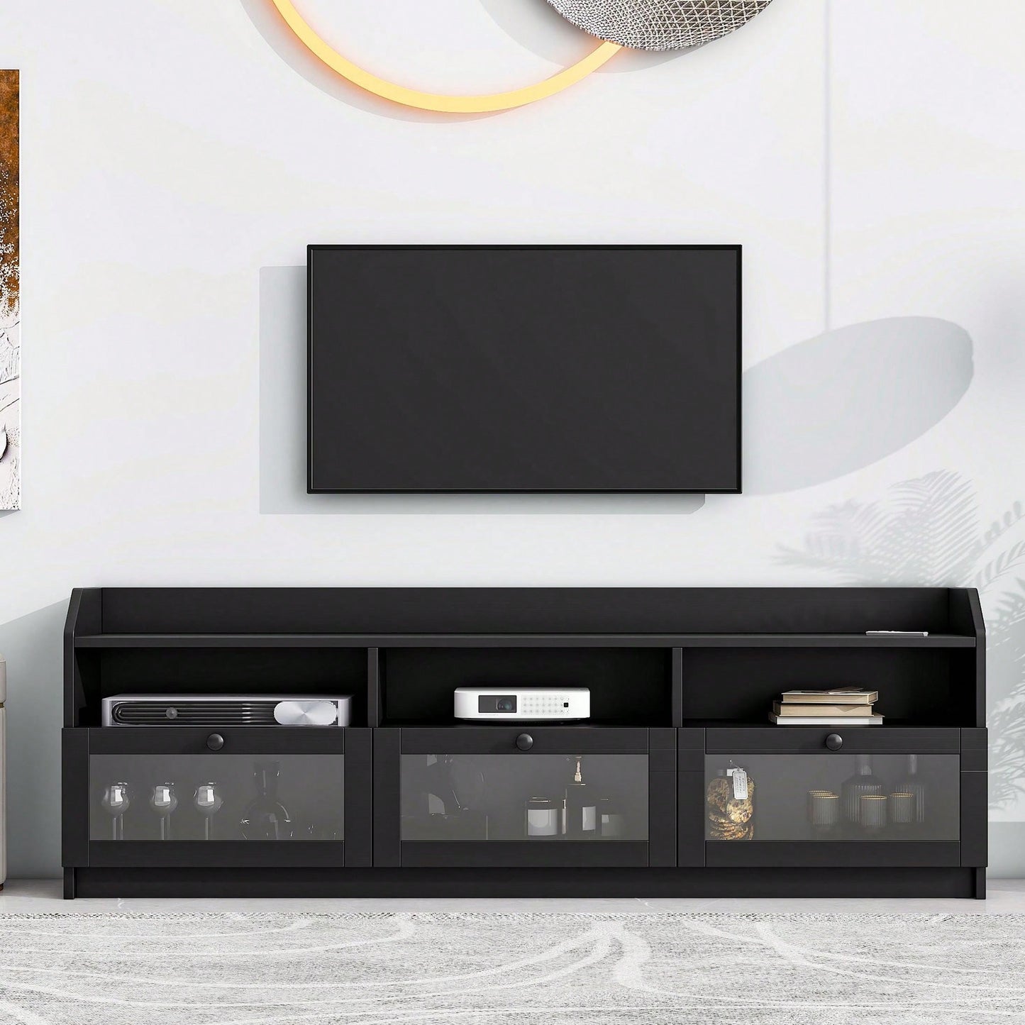 Sleek Modern Design TV Stand with Acrylic Door for TVs Up to 65 Inch Stylish Media Console Ample Storage Space Black Handles