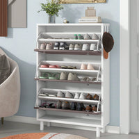 Narrow Shoe Cabinet with 3 Flip Drawers and Hooks Wood Grain Entryway Organizer Adjustable Free Standing Rack