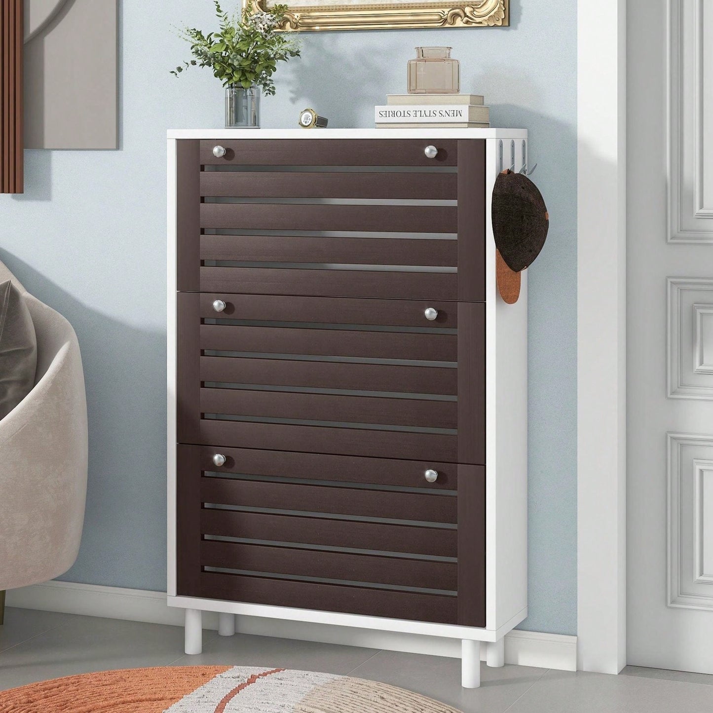 Narrow Shoe Cabinet with 3 Flip Drawers and Hooks Wood Grain Entryway Organizer Adjustable Free Standing Rack