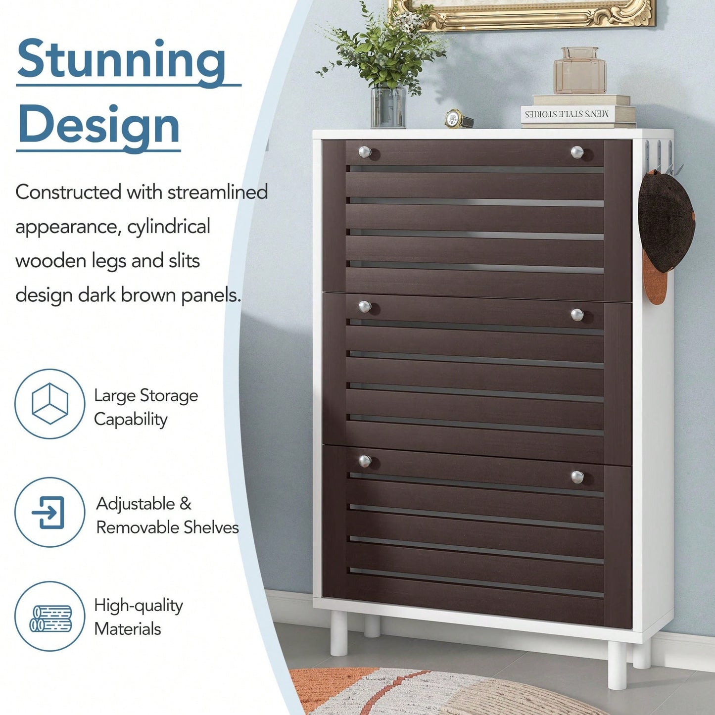 Narrow Shoe Cabinet with 3 Flip Drawers and Hooks Wood Grain Entryway Organizer Adjustable Free Standing Rack