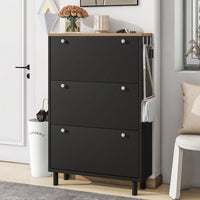 Narrow Shoe Cabinet with 3 Flip Drawers and Hooks Wood Grain Entryway Organizer Adjustable Free Standing Rack