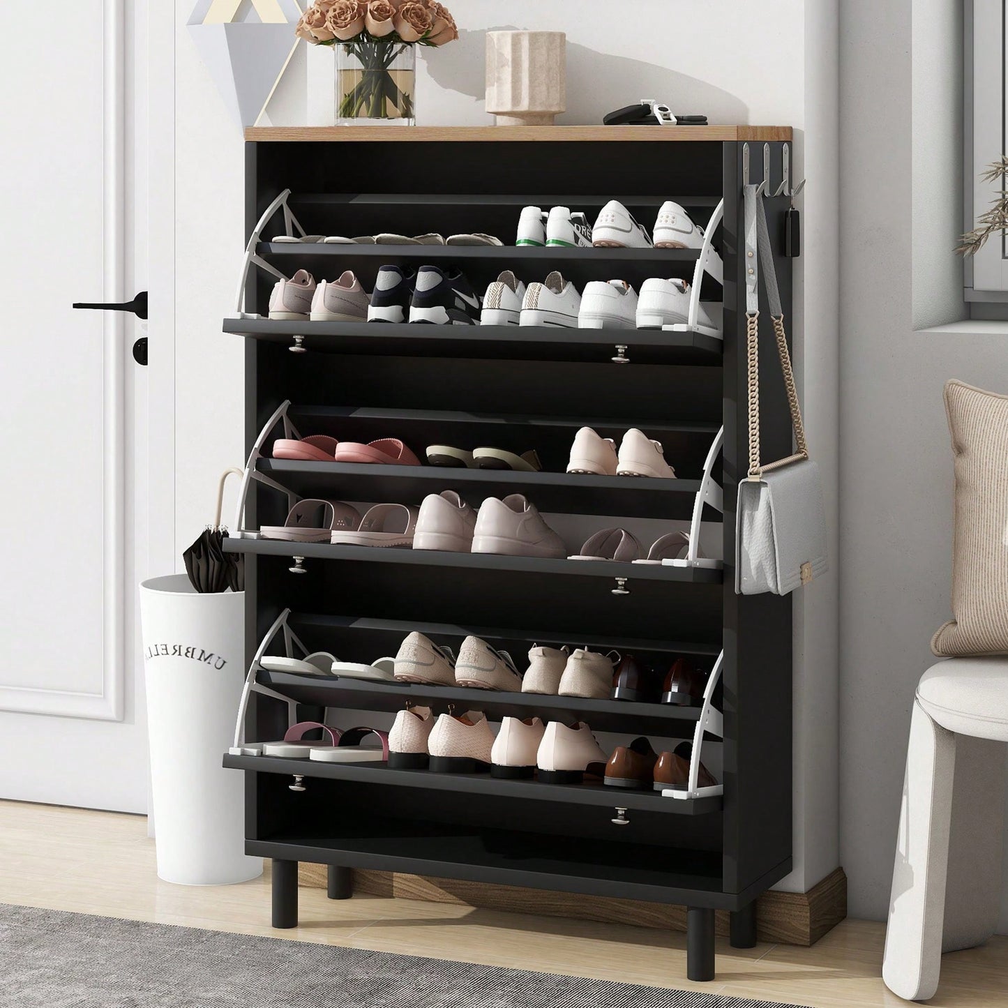 Narrow Shoe Cabinet with 3 Flip Drawers and Hooks Wood Grain Entryway Organizer Adjustable Free Standing Rack