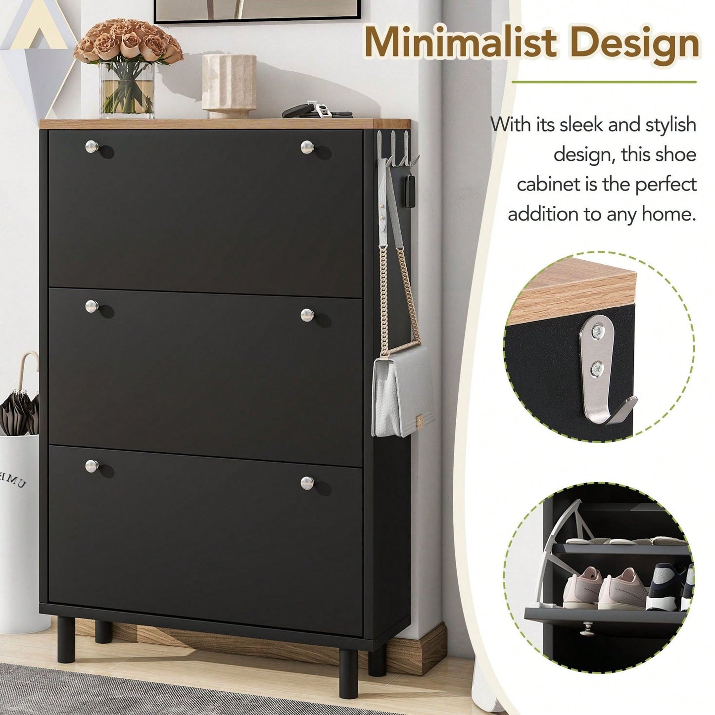 Narrow Shoe Cabinet with 3 Flip Drawers and Hooks Wood Grain Entryway Organizer Adjustable Free Standing Rack