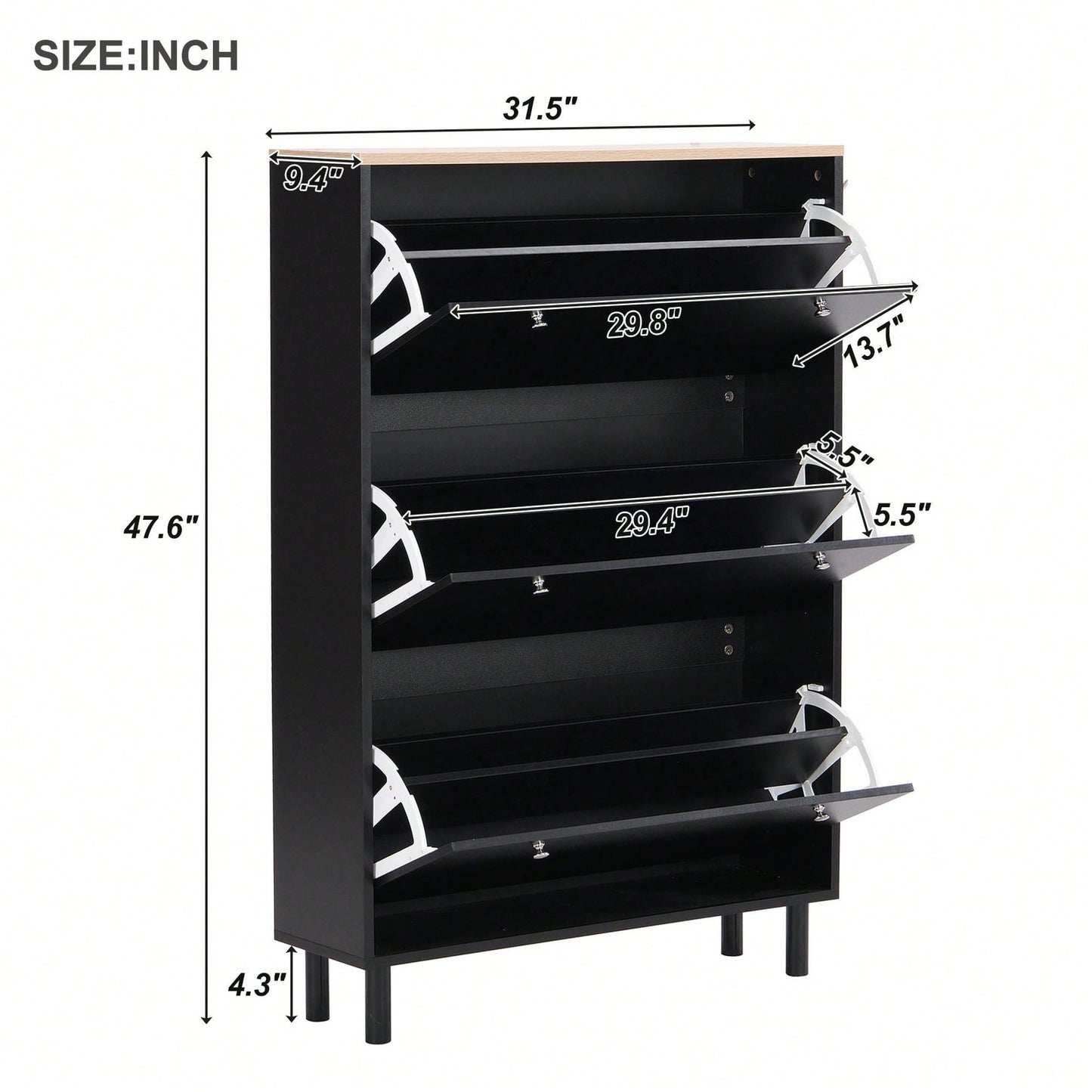 Narrow Shoe Cabinet with 3 Flip Drawers and Hooks Wood Grain Entryway Organizer Adjustable Free Standing Rack