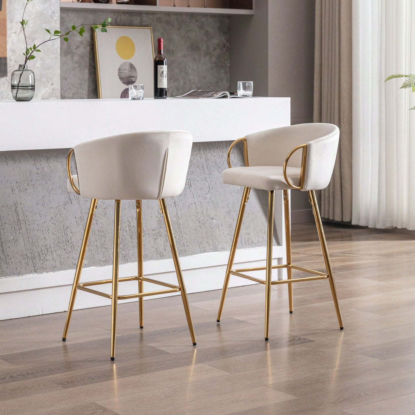 Set Of 2 Bar Stools,With Chrome Footrest And Base Velvet + Golden Leg Simple Bar Stool