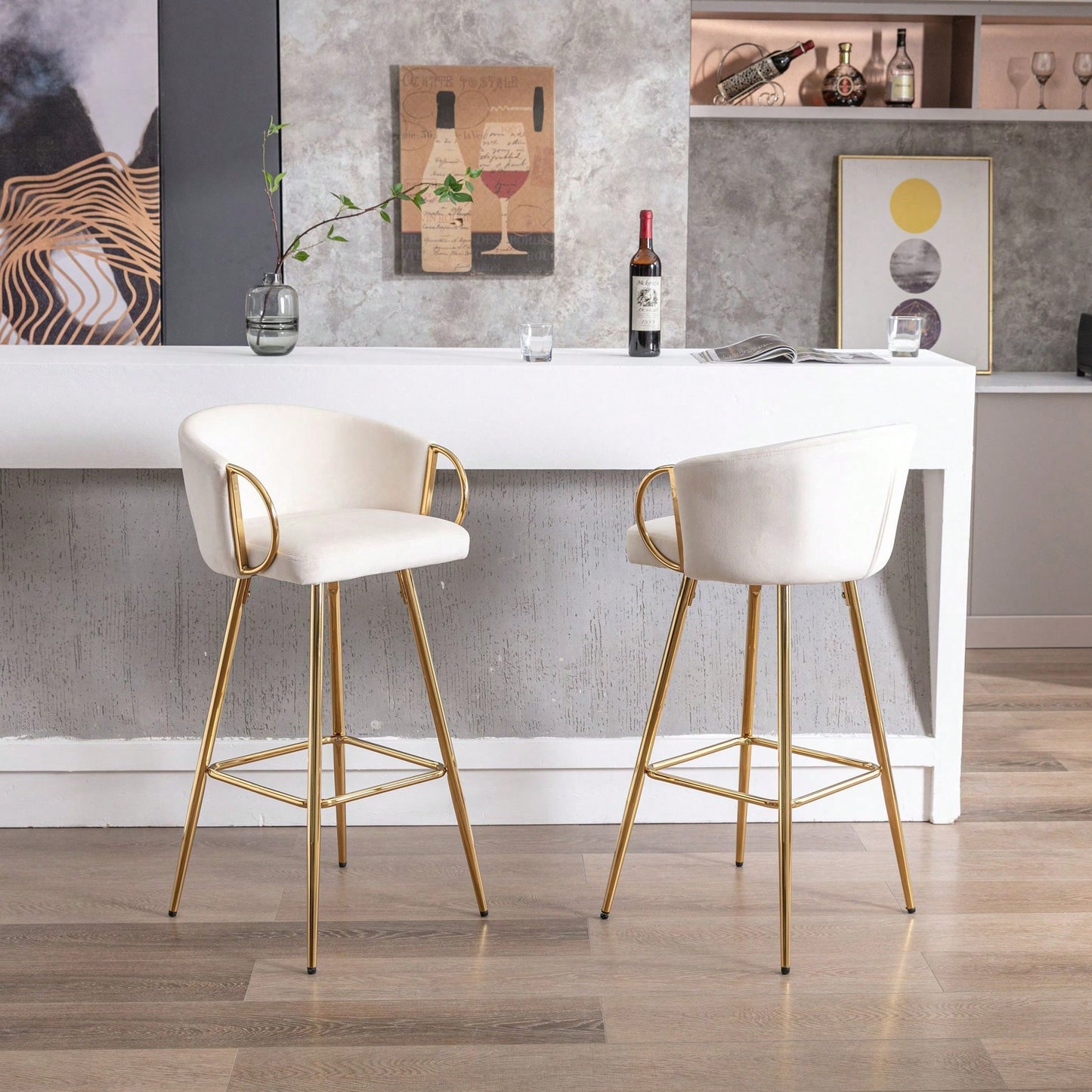 Set Of 2 Bar Stools,With Chrome Footrest And Base Velvet + Golden Leg Simple Bar Stool