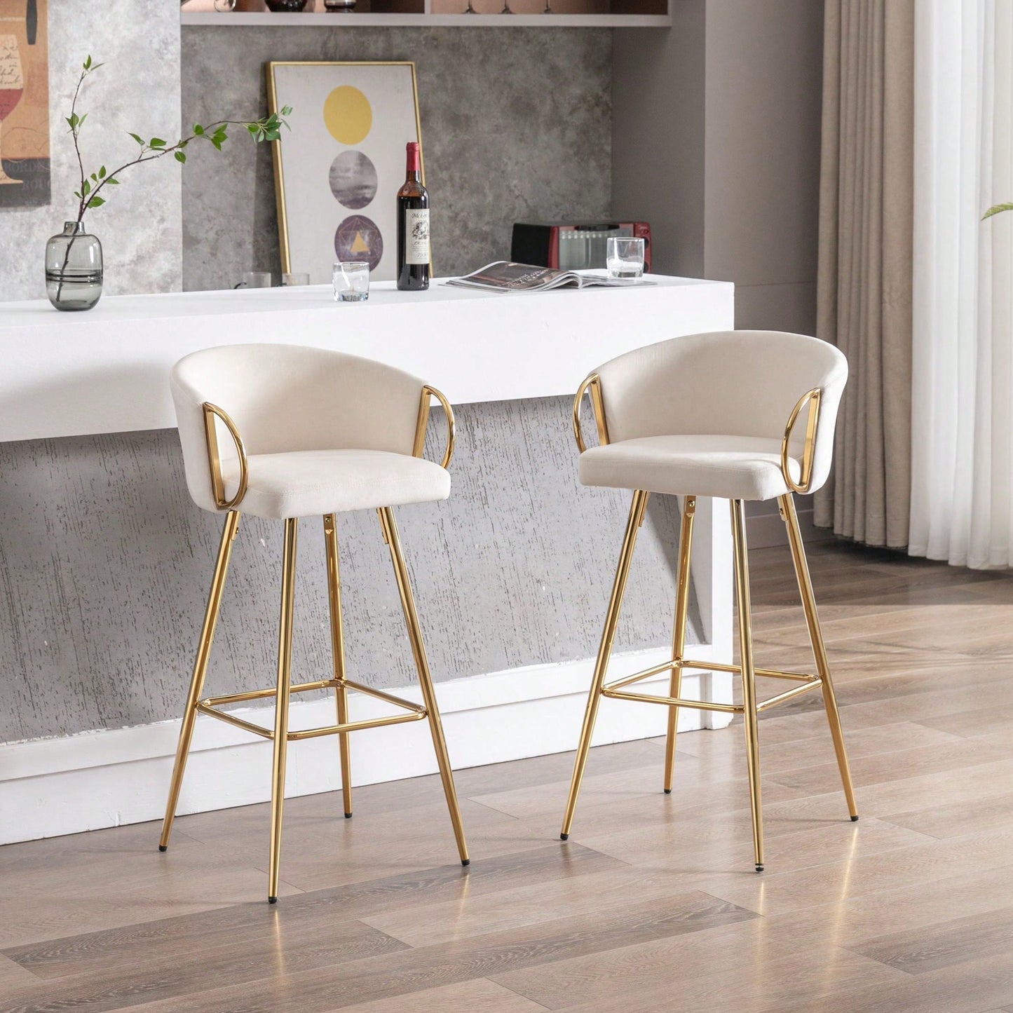 Set Of 2 Bar Stools,With Chrome Footrest And Base Velvet + Golden Leg Simple Bar Stool