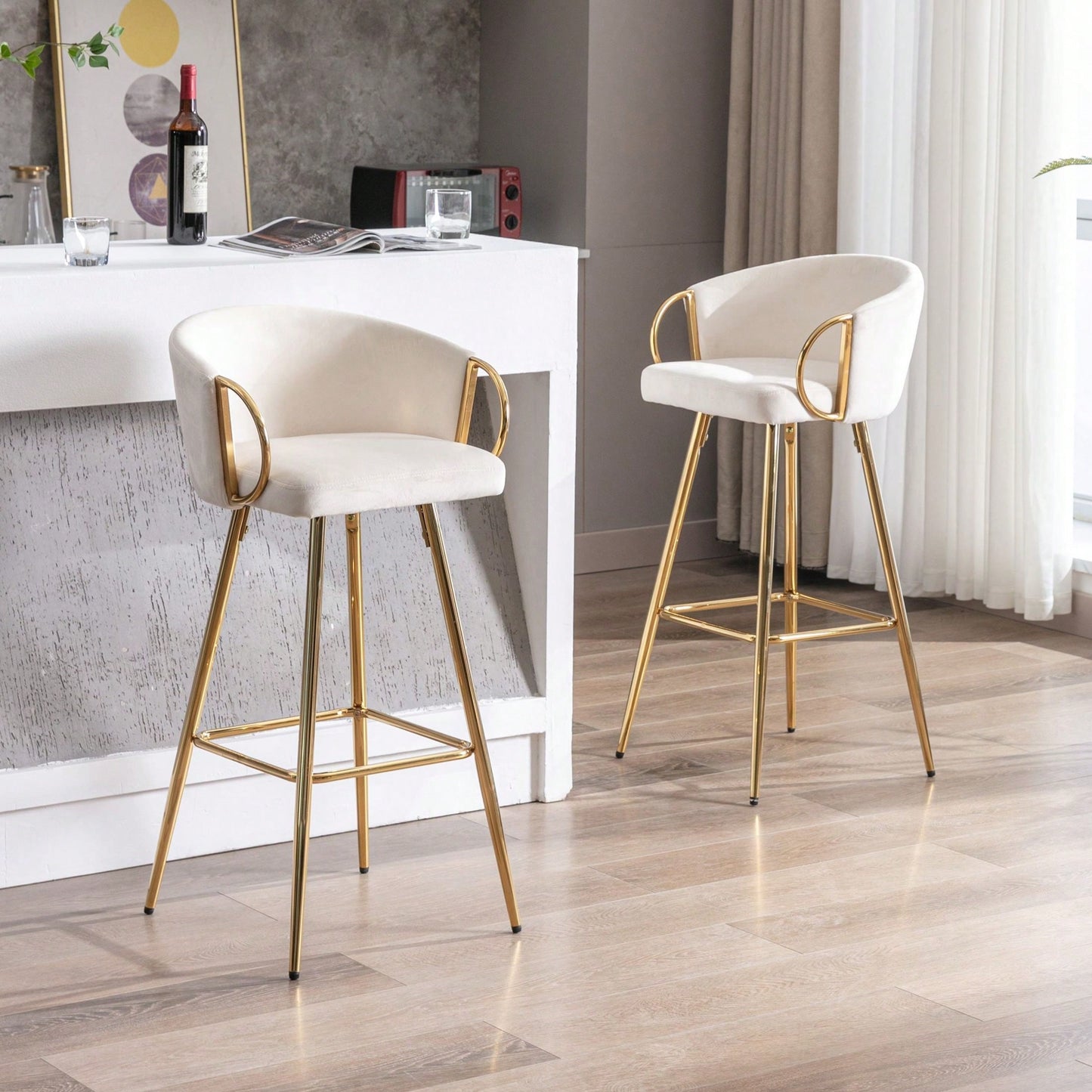 Set Of 2 Bar Stools,With Chrome Footrest And Base Velvet + Golden Leg Simple Bar Stool