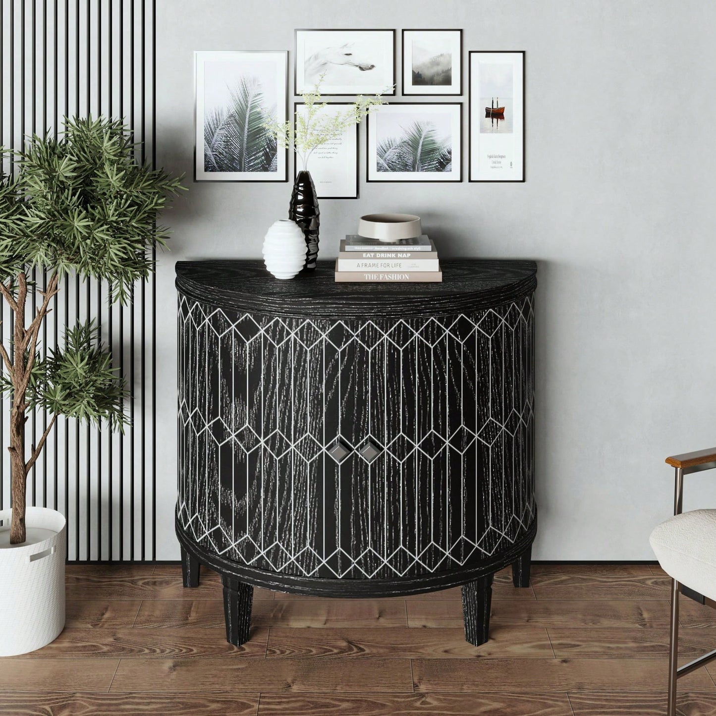 Modern Half-Moon Wooden Storage Cabinet with Two-Tier Shelves for Living Room Entryway and Dining Room