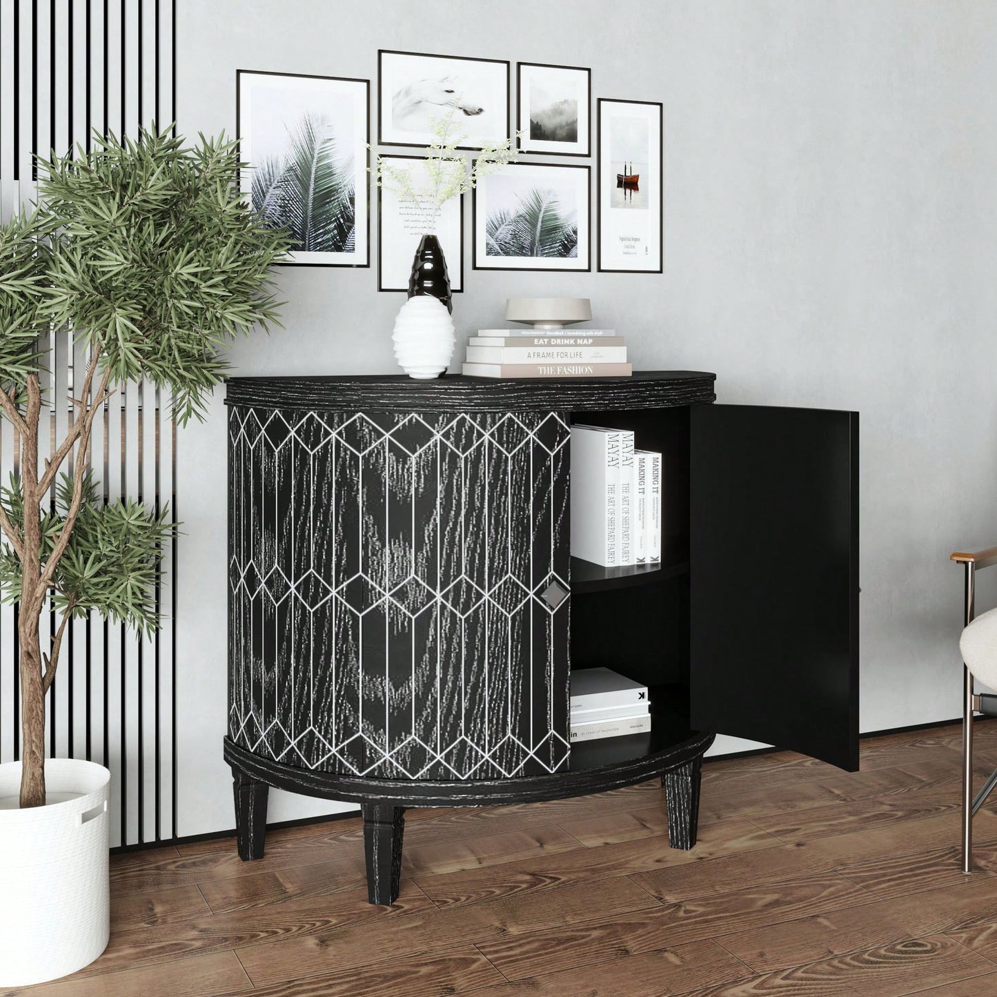 Modern Half-Moon Wooden Storage Cabinet with Two-Tier Shelves for Living Room Entryway and Dining Room