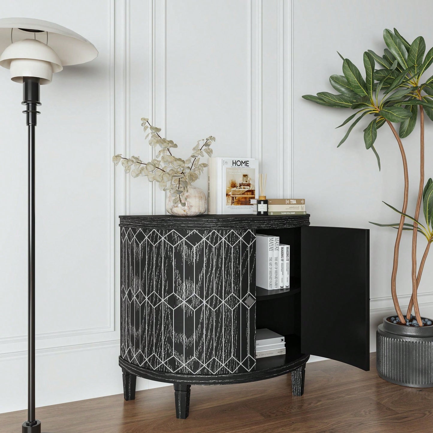 Modern Half-Moon Wooden Storage Cabinet with Two-Tier Shelves for Living Room Entryway and Dining Room