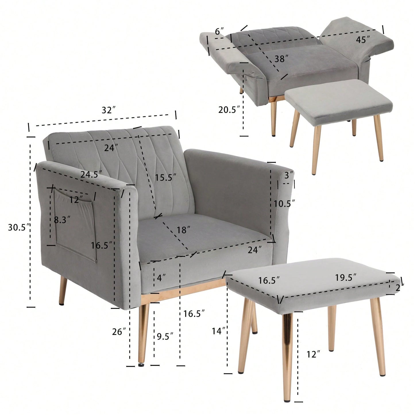 Accent Chair With Ottoman Set,Velvet Accent Chair With Gold Legs, Upholstered Single Sofa For Living Room Bedroom