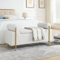 Upholstered Linen Storage Bench With Cylindrical Arms And Iron Legs For Hallway Living Room Bedroom