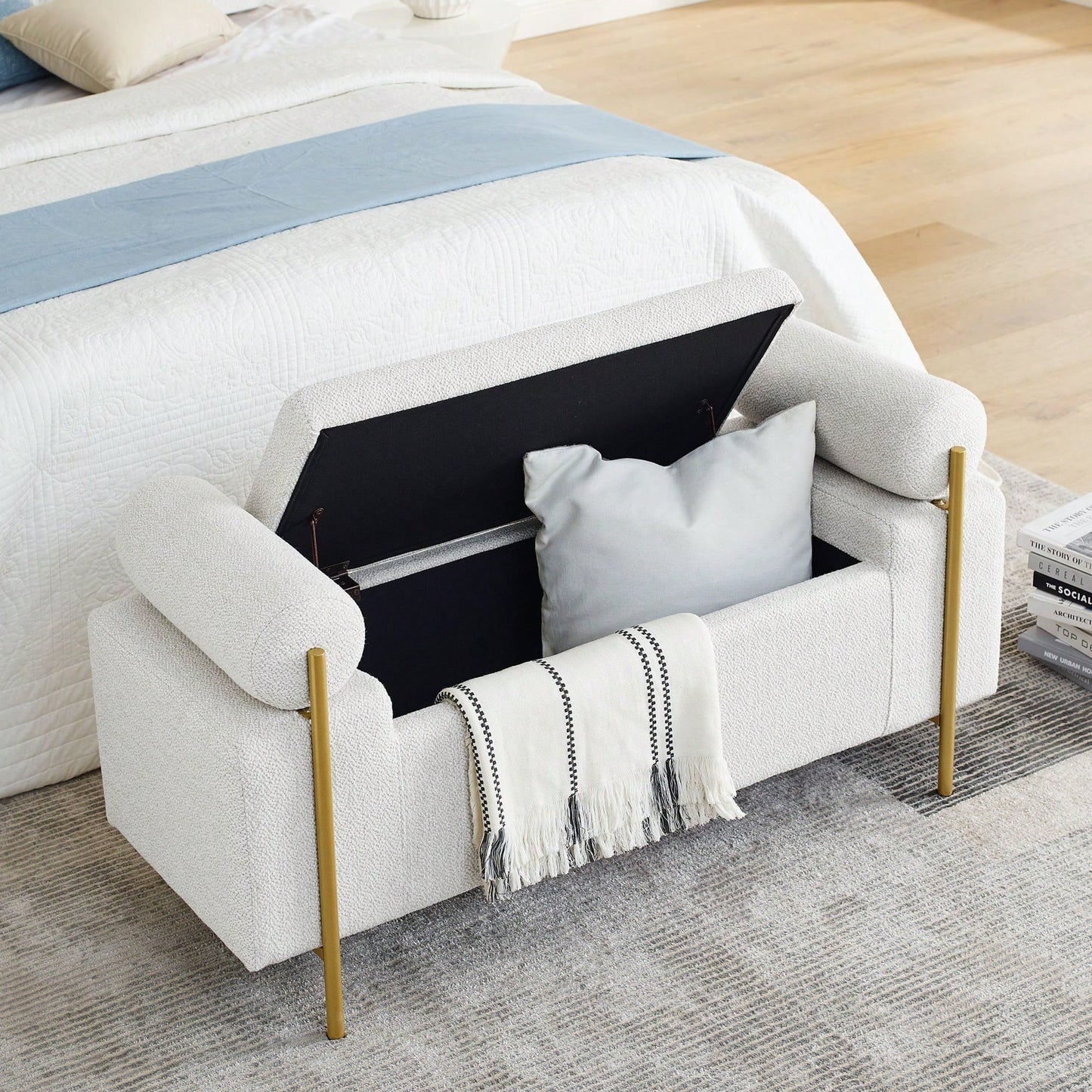 Upholstered Linen Storage Bench With Cylindrical Arms And Iron Legs For Hallway Living Room Bedroom