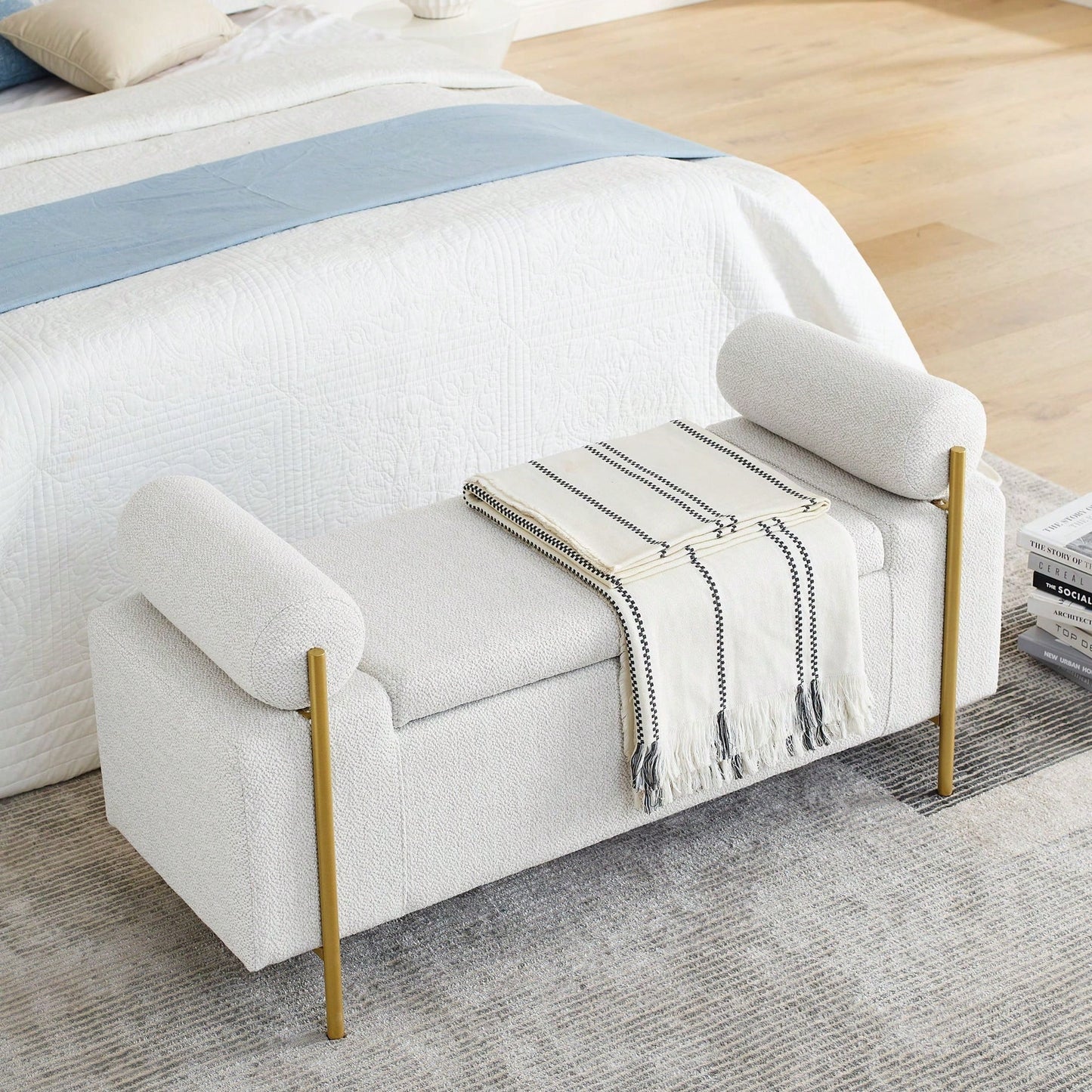 Upholstered Linen Storage Bench With Cylindrical Arms And Iron Legs For Hallway Living Room Bedroom