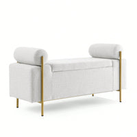 Upholstered Linen Storage Bench With Cylindrical Arms And Iron Legs For Hallway Living Room Bedroom