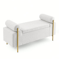 Upholstered Linen Storage Bench With Cylindrical Arms And Iron Legs For Hallway Living Room Bedroom