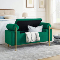 Upholstered Linen Storage Bench With Cylindrical Arms And Iron Legs For Hallway Living Room Bedroom