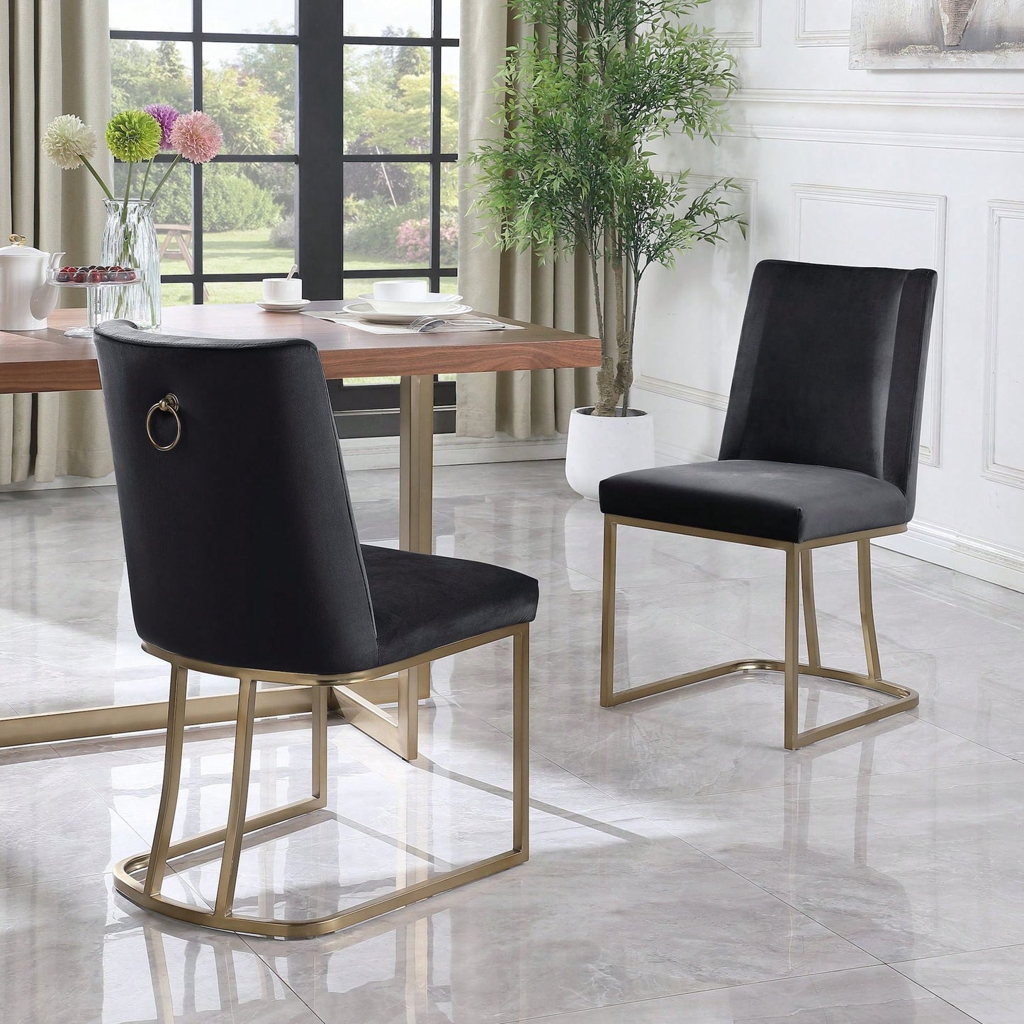 2 Velvet Upholstered Dining Chairs, Gold Metal Legs