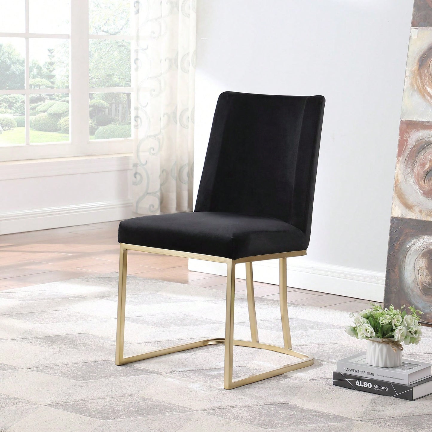 2 Velvet Upholstered Dining Chairs, Gold Metal Legs