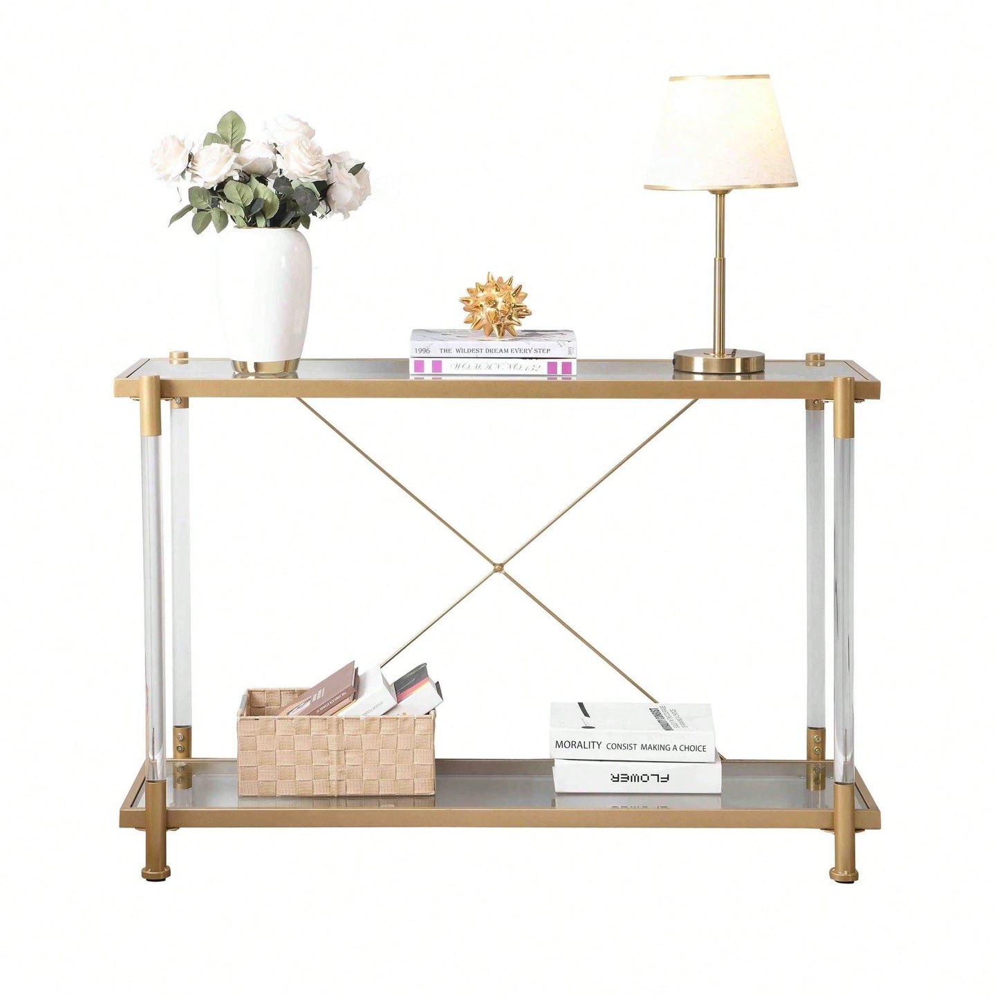 Golden Glass Sofa Table, Acrylic Side Table, Console Table For Living Roome& Bedroom